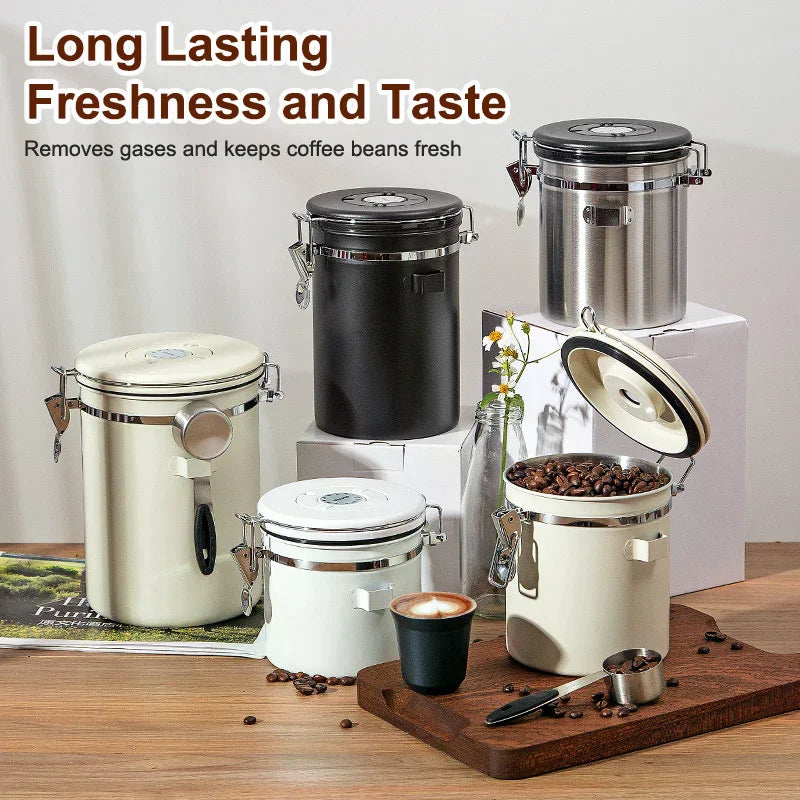 1.2 1.5 1.8L Coffee Bean Jar Airtight Canister Sealed Stainless Steel With Spoon One Way Valve Cannister Coffee Storage Kitchen Zpaxo