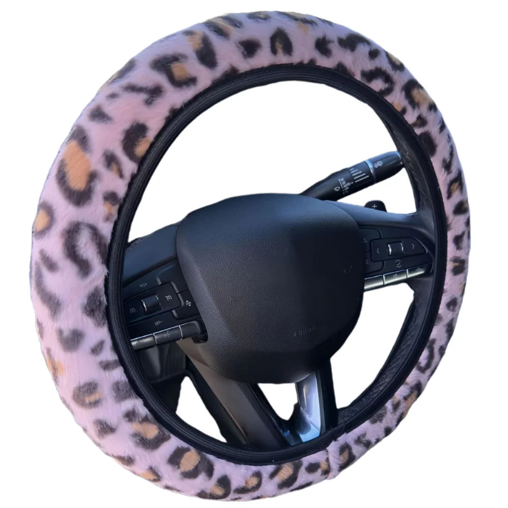Leopard Steering Wheel Cover Winter Fur Artificial Rabbit Soft Zpaxo Pink