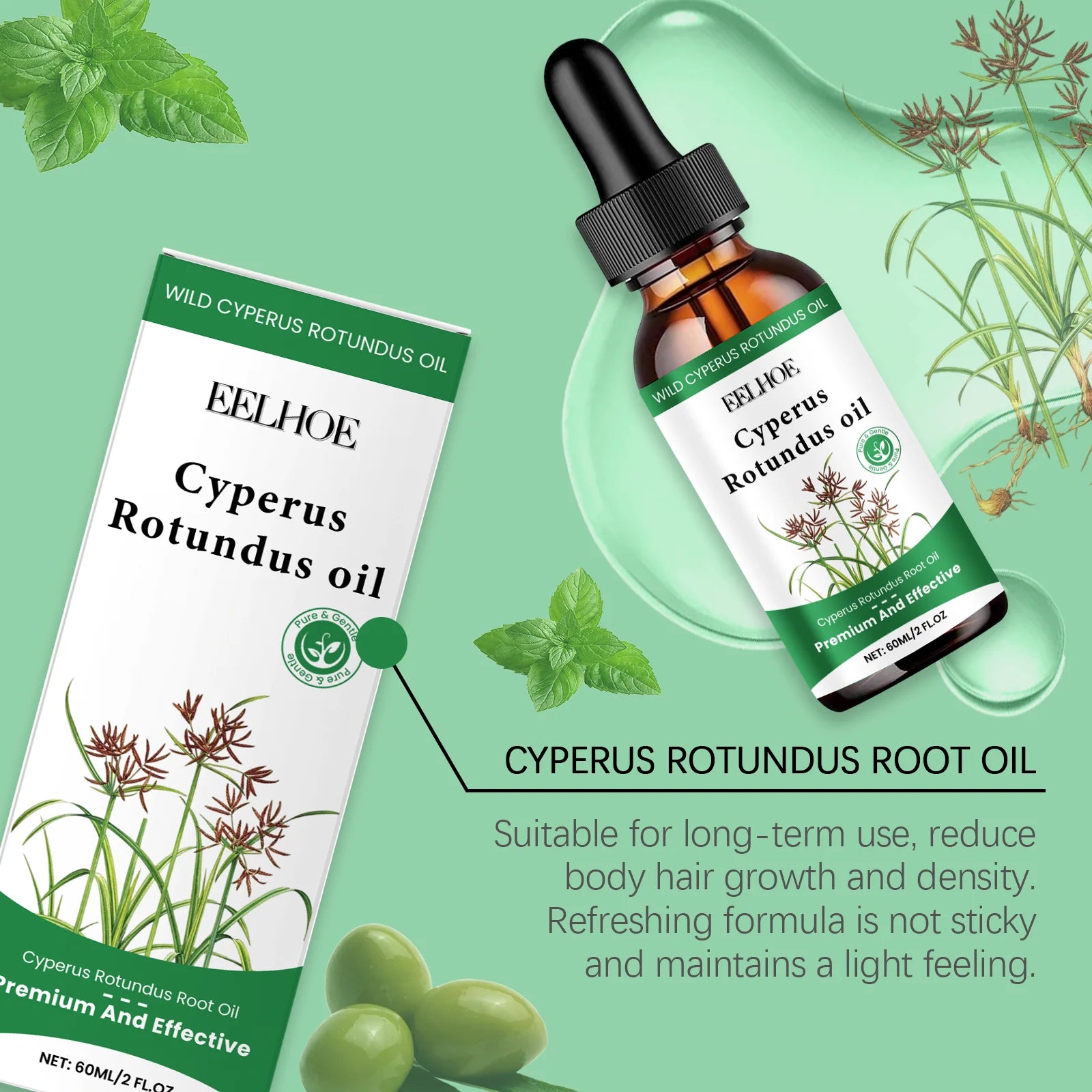 Eelhoe Cyperus Rotundus Hair Inhibitor Oil 60ml | Body Hair Serum Hair Inhibitor Serum Zpaxo