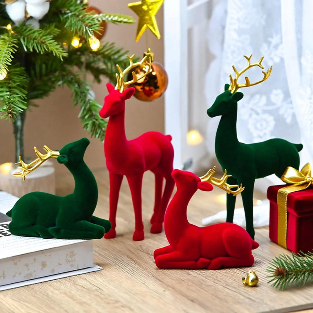 Reindeer Christmas Decor Flocking Deer Figures 2 Red Green Aesthetic