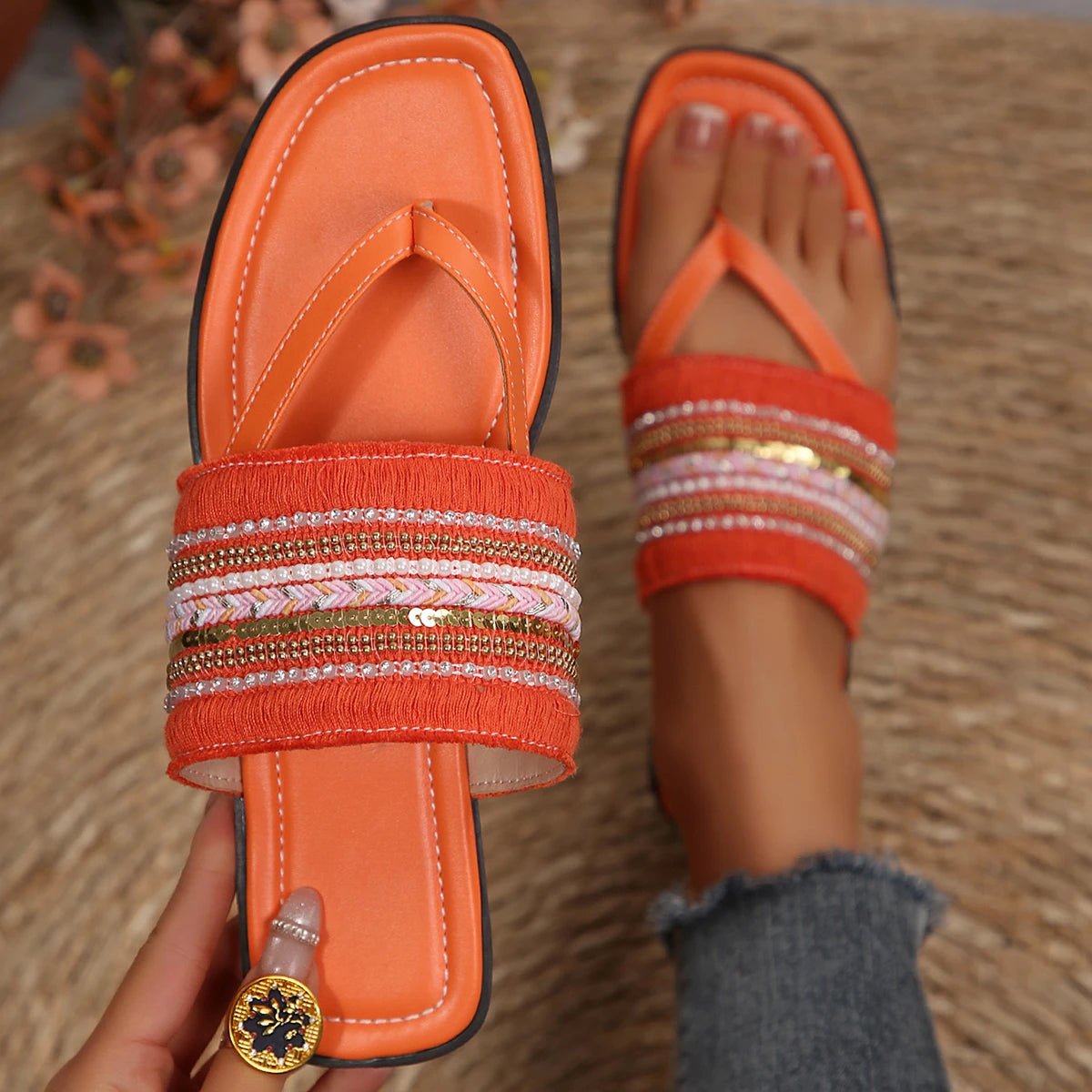 Solid Women Flip Flops Lightweight Flats Slides Women Fashion Trendy Sandals Bohemian Knitted Shoes with Clip Toe Ring Slippers Zpaxo
