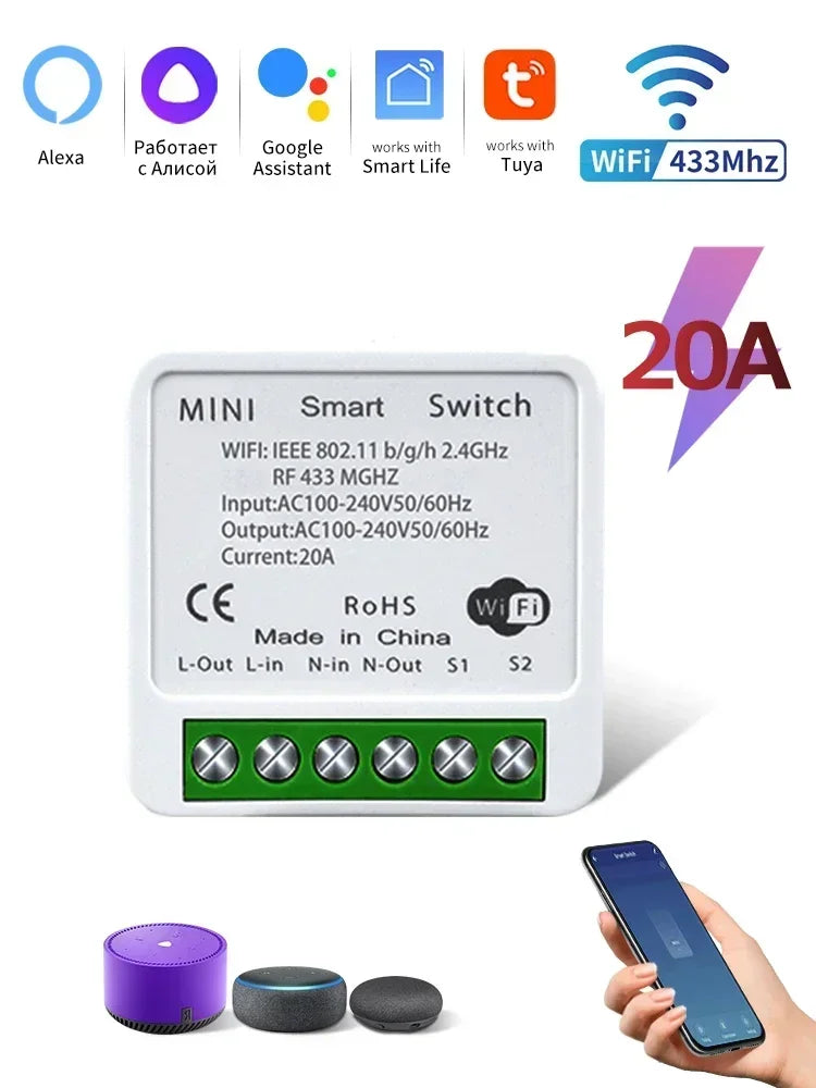 Tuya Smart WiFi Switch 16A 20A 433Mhz Receiver Breaker Smart Life App Remote Supports 2-way Control Works with Alexa Google Home Zpaxo RF433Mhz WiFi 20A