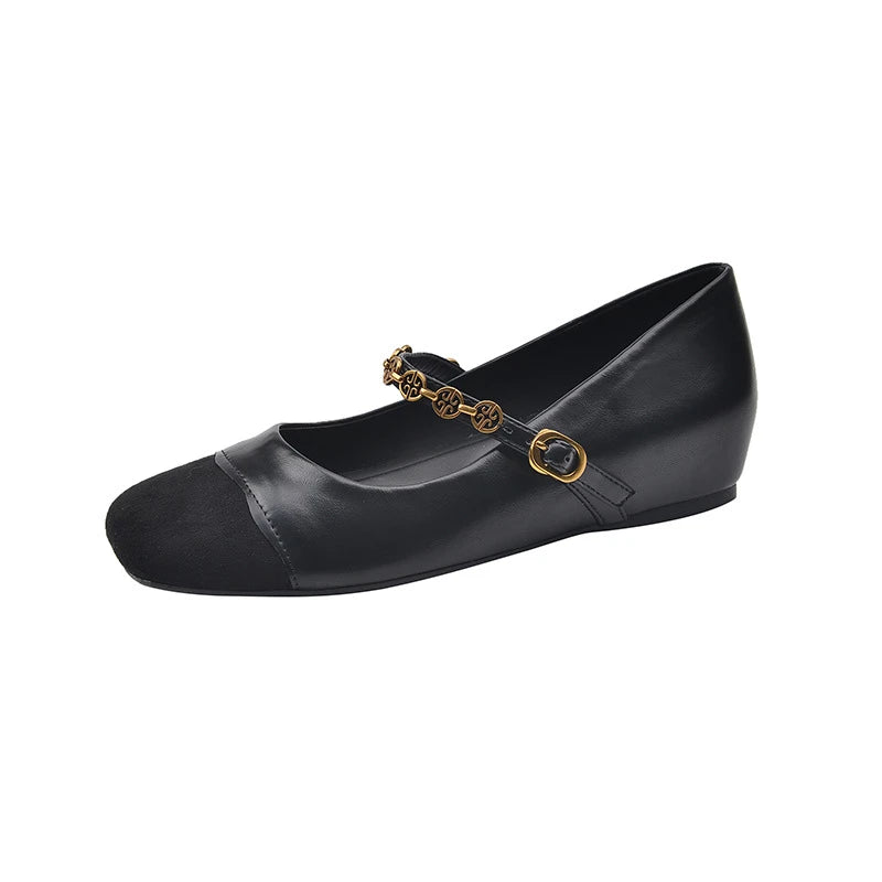 Womens Black Brown Two Tone Square Toe Mary Jane Flats Gold Chain Zpaxo