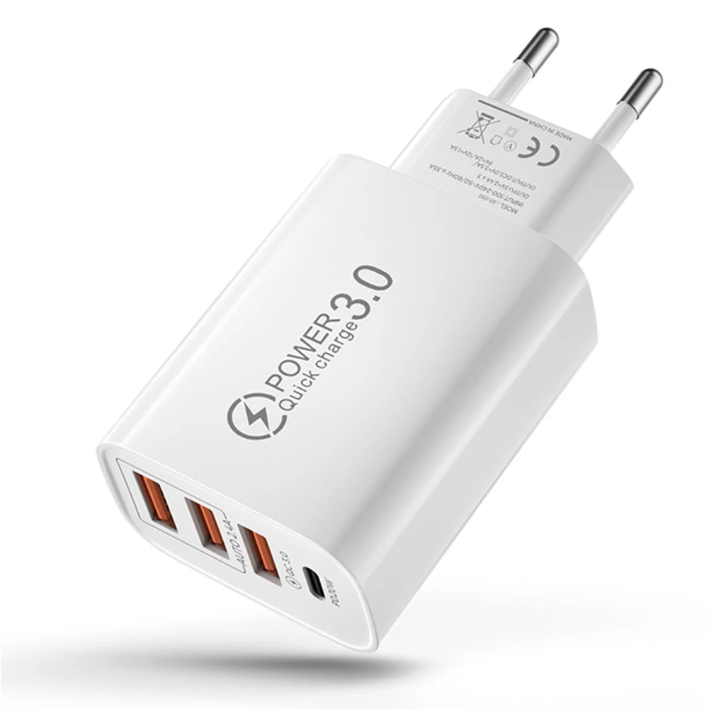 60W 4-Port USB Wall Charger – PD USB-C & Quick Charge 3.0 USB Wall Charger Zpaxo EU White