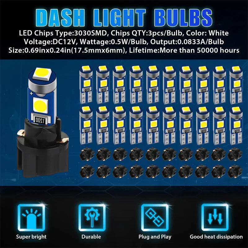 20-Pack T5 LED Dashboard Bulbs 12V White 3030 SMD with Sockets
