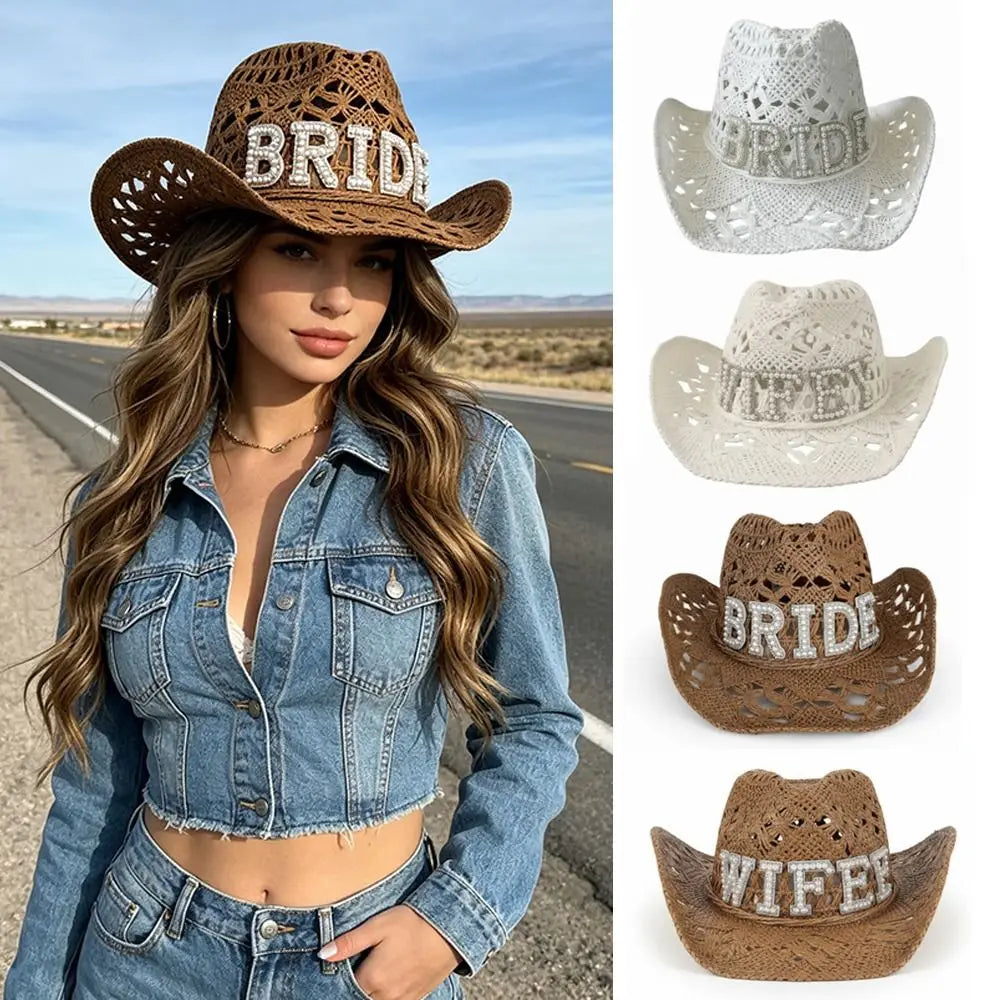 Fashion Rhinestone Letters Bride Wifey Cowboy Hat Crochet Breathable Cowgirl Hat Hollow Sun Hat For Wedding Bridal Party Zpaxo