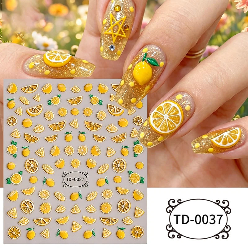 5D Summer Lemon Nail Art Sticker Relief Fruit Self-adhesive Decals Zpaxo