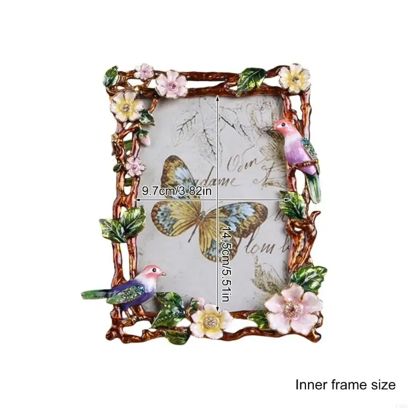 Antique Enamel Floral Bird Photo Frame Rhinestones Accent Tabletop