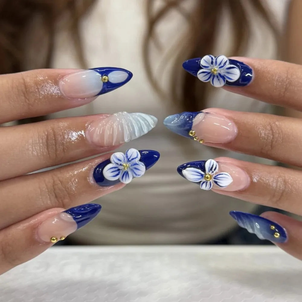 Manicure Long Almond False Nails French White Edge Fake Aurora Flower Zpaxo JP3907
