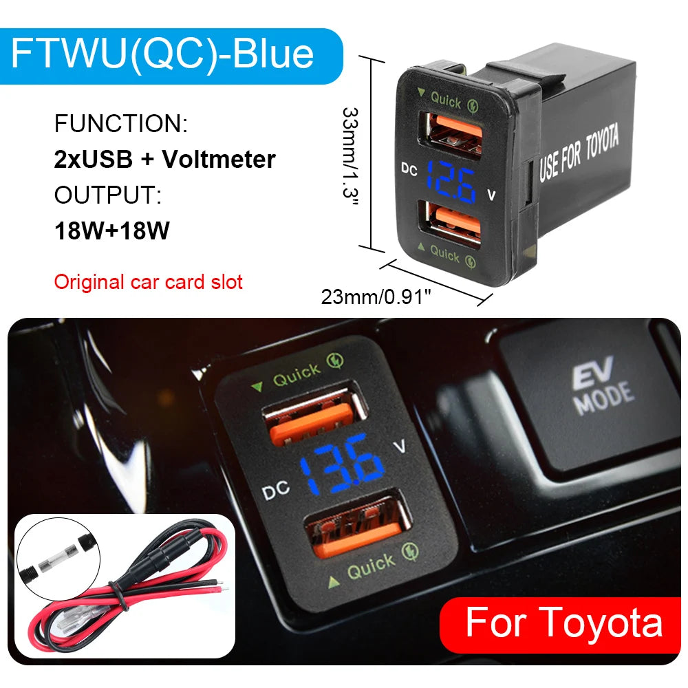QC 3.0 USB Charger For Toyota Corolla Yaris RAV4 Car Power Adapter Socket Fuse LED Indicator Voltmeter Test Interior Accessories Zpaxo FTWU(QC) Blue