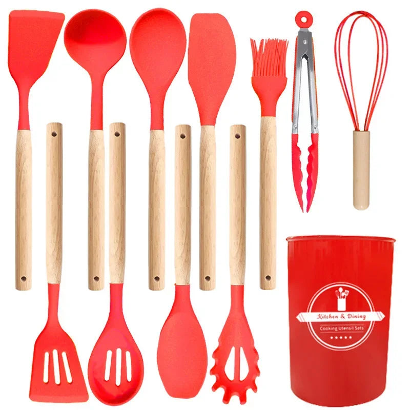 12Pcs/5pcs Silicone Kitchenware Non-Stick Cookware Kitchen Utensils Set Spatula Shovel Egg Beater Wooden Handle Cooking Tool Set Zpaxo Red 12Pcs