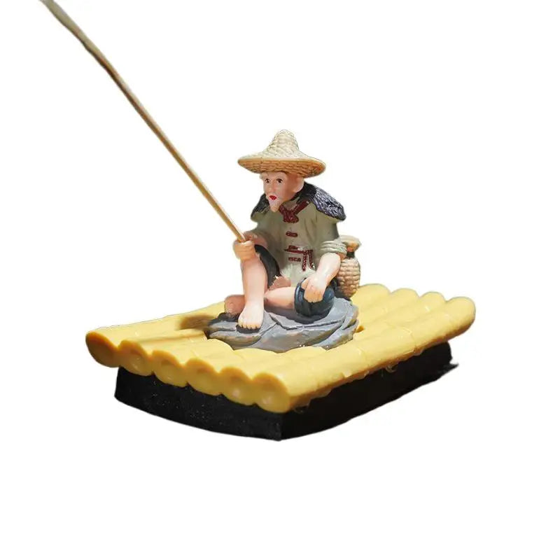 Garden Decorative Bamboo Raft Fisherman Statue Elderly Angler PVC Zpaxo