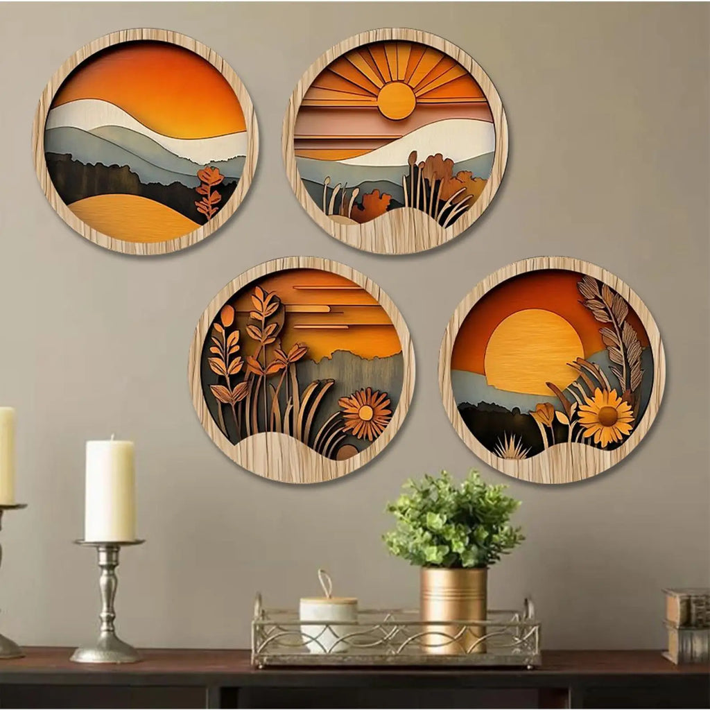 4-Piece Bohemian Wooden Wall Art Set | Boho Geometric Decor Wooden Wall Art Zpaxo