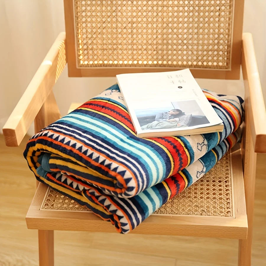 Nordic Stripe Fleece Blanket Double Layer Thick Warm Boho Sofa Bed Zpaxo