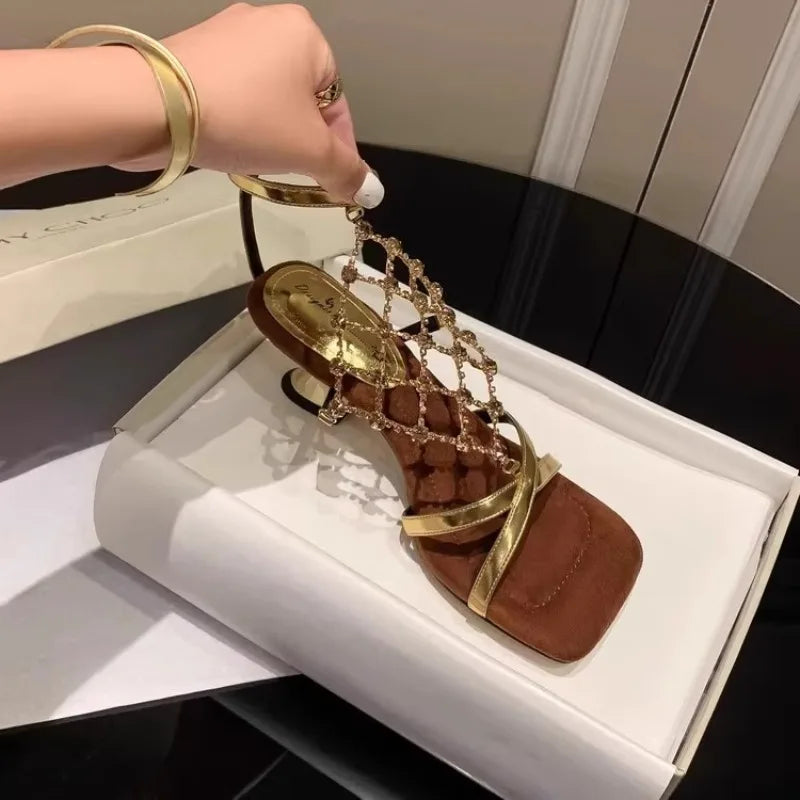 2026 Fashion Narrow Band Open Toe Women's Sandals Rhinestone Mesh Zpaxo
