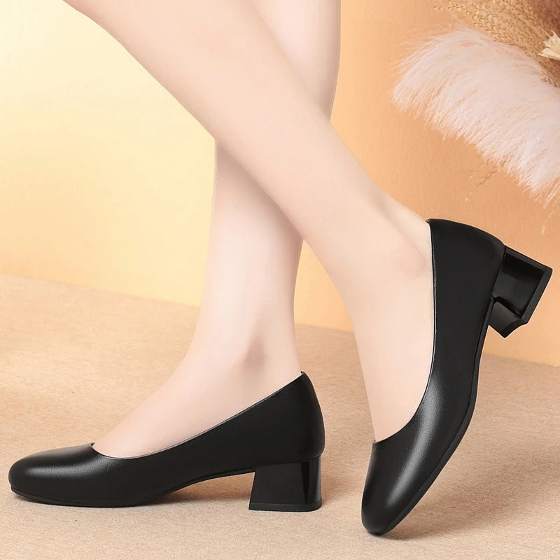 Square Toe Black Leather Shoes Thick Heel Work Women Soft Sole Zpaxo JM1338 Black 35 China Mainland