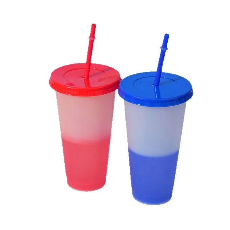 Hot 710ML PP Temperature Sensitive Color Changing Plastic Cup 24oz Large Capacity Water Cup Single-layer Transparent Straw Cup Zpaxo