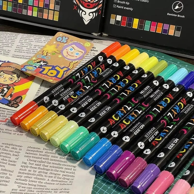Professional Art Use 48-Color Acrylic Paint Markers, Dual-Tip Fine and Brush Tip Pens, Suitable for Stone, Wood, Calligraphy Zpaxo