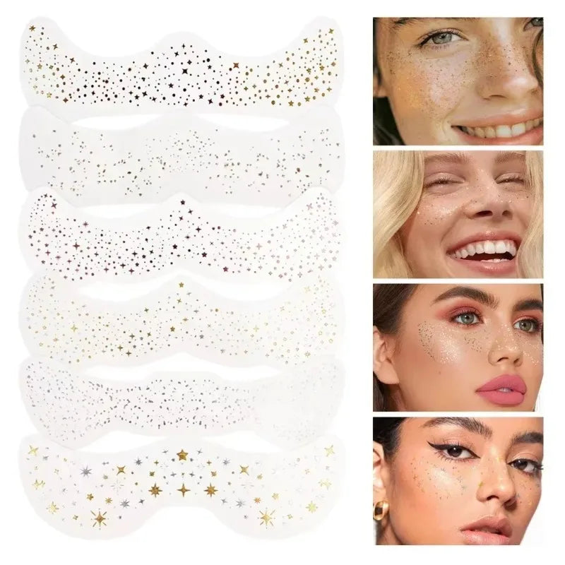 6pcs Hot Stamping Freckles Patches Metallic Radiation Glitter Golden Silver Fake Freckles Temporary Tattoo Stickers Face Makeup Zpaxo