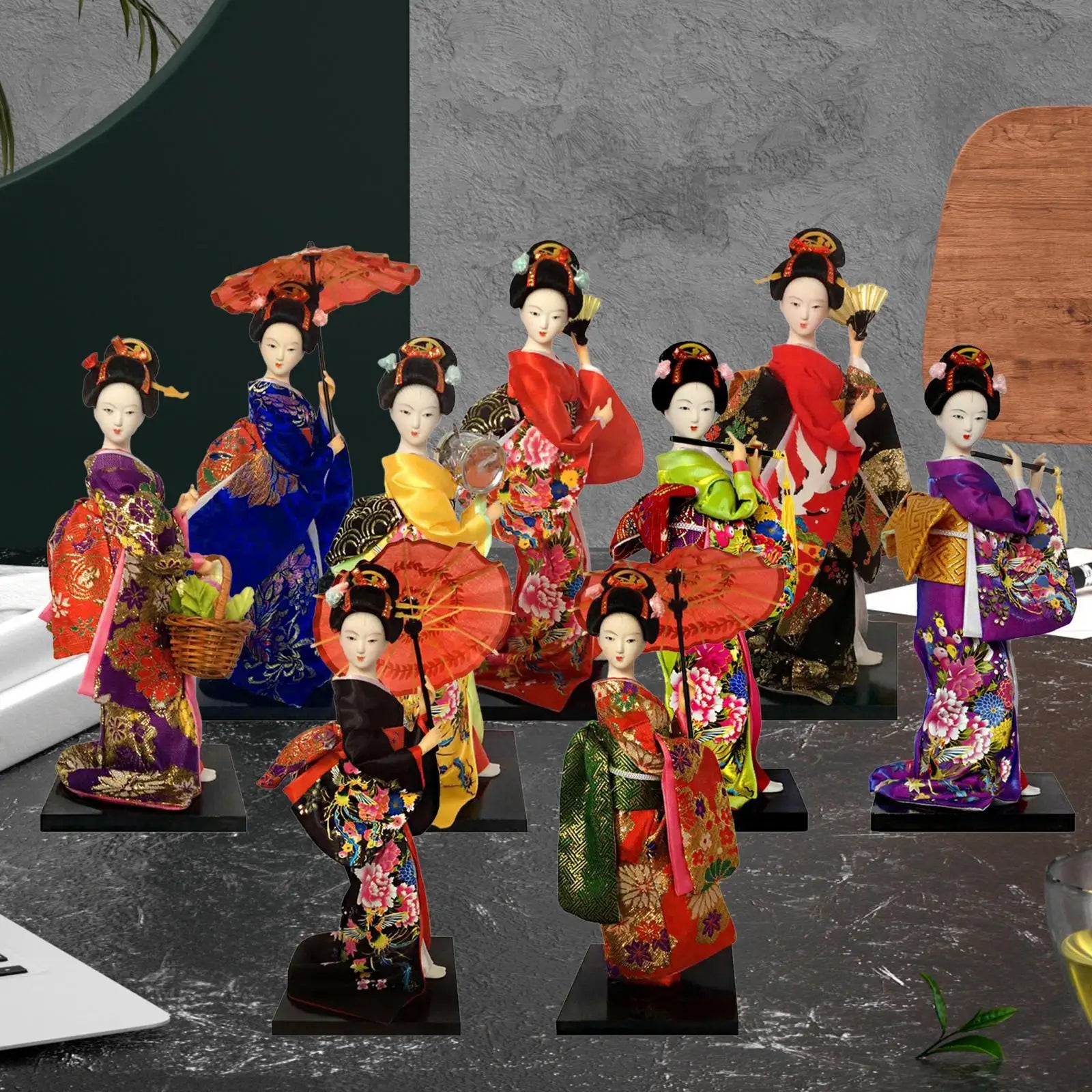 Japanese Geisha 9" Free Standing Oriental Ancient Kabuki Girl Statue Kimono Dolls Ornament for Shelf Table Home Office Decor Zpaxo