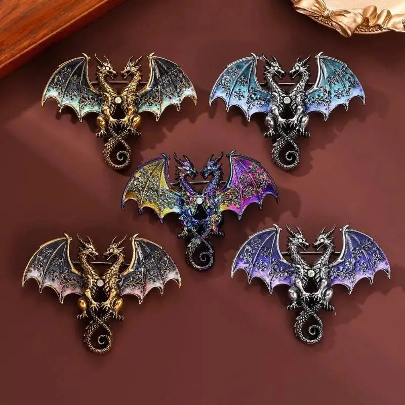 Anti-oxidation Metal Double Headed Dragon Brooch Unisex Animal Pin Zpaxo