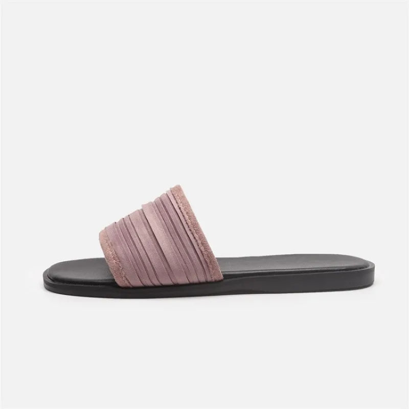 Slippers for Women Summer 2025 Low Heel Pleated Surface Beach Sandal Open Toed Flat Bottom Slippers Flats for Women Ladies Shoes Zpaxo