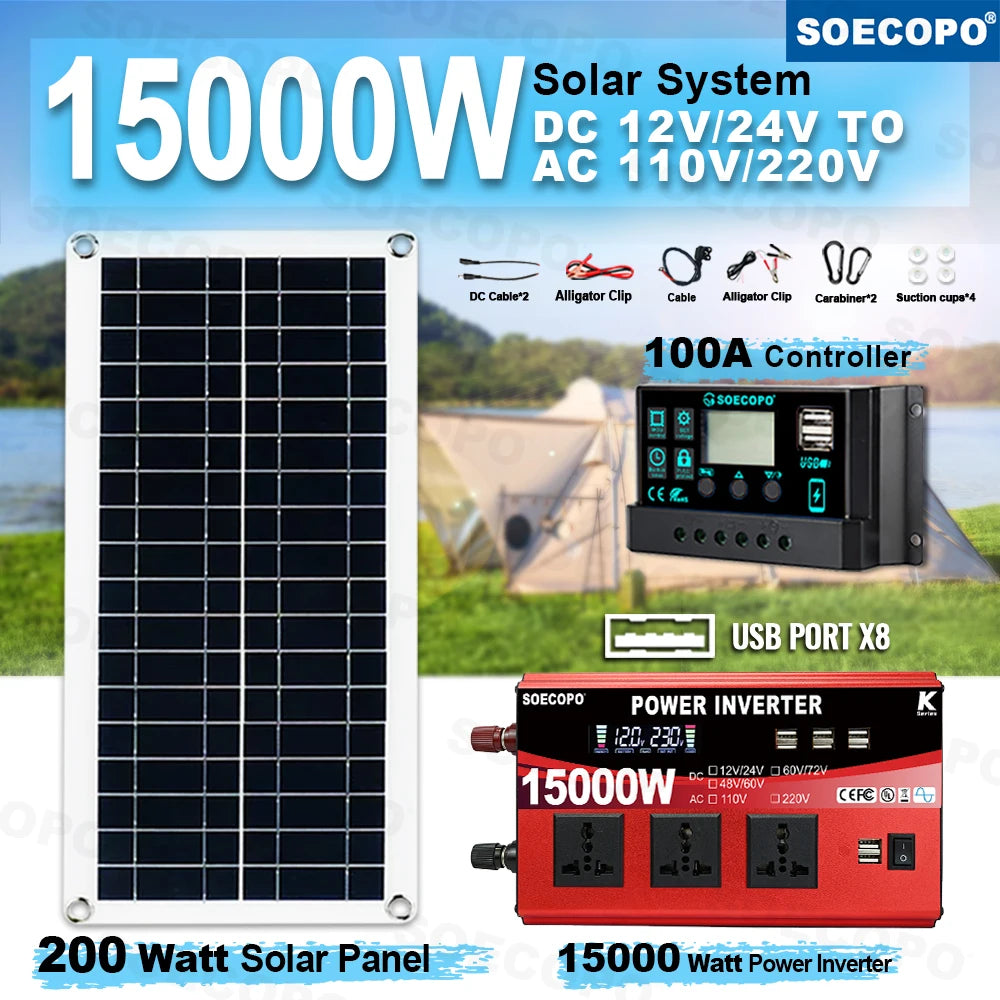 SOECOPO 15000W Portable Solar System 200W Panel Inverter 3 Sockets 8