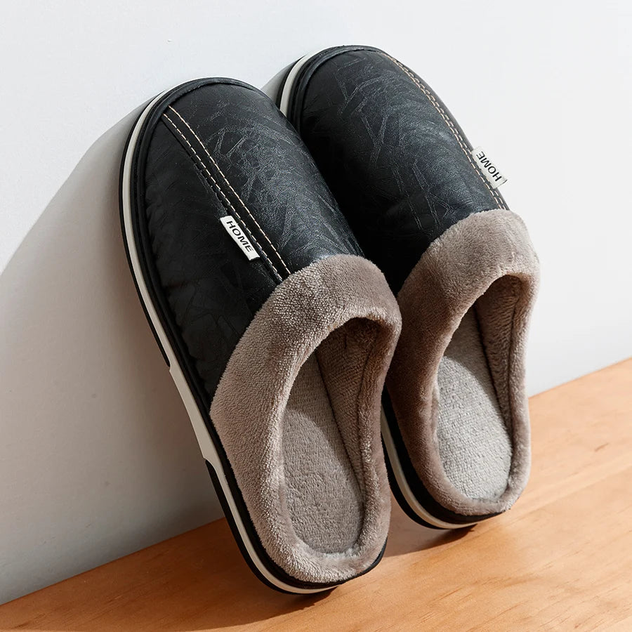 Mens Winter Slippers PU Leather Waterproof Indoor House Shoes Big
