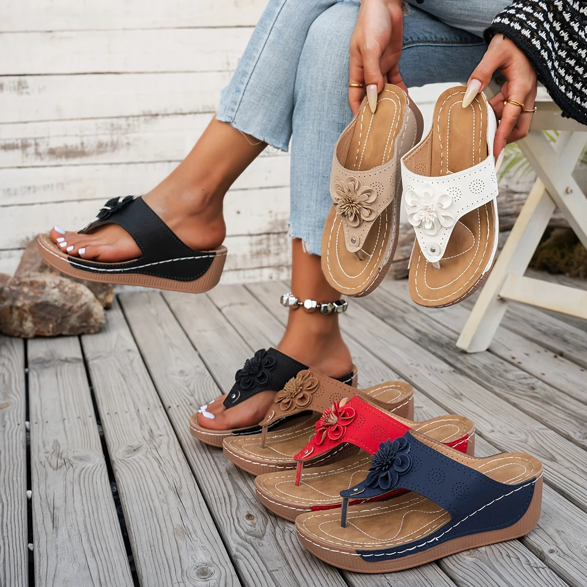 Woman Sandals Retro Flower Decor Wedge Slippers Woman Summer Platform Sandals Women Anti Slip Beach Shoes Outdoor Flip Flops Zpaxo