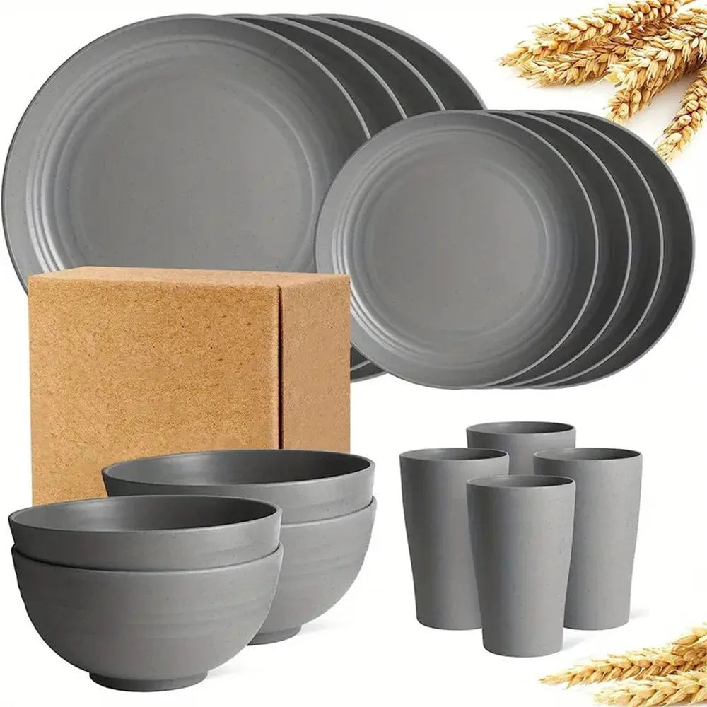 New 16 Pieces/set of Non Fragile Meal Plates, Wheat Straw Dishes, Tableware Set, Microwave Dishwasher, Safe, Reusable Tableware Zpaxo GRAY