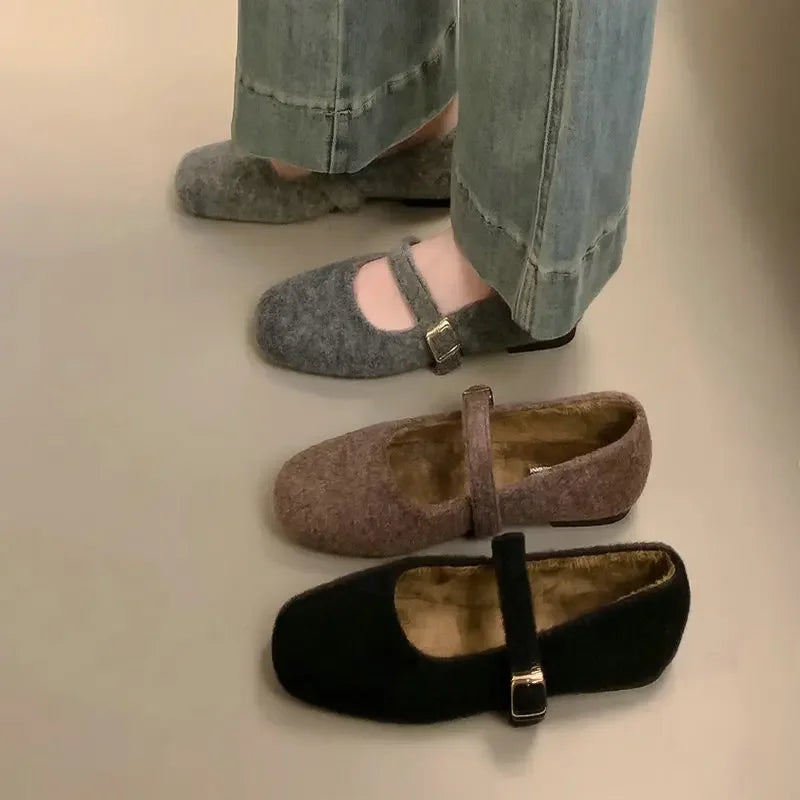 Flat Shoes for Women Autumn Winter Hairy Shoes Women's New Outdoor Mary Jane Flat Bottom Cotton Shoes Loafers Women Zpaxo