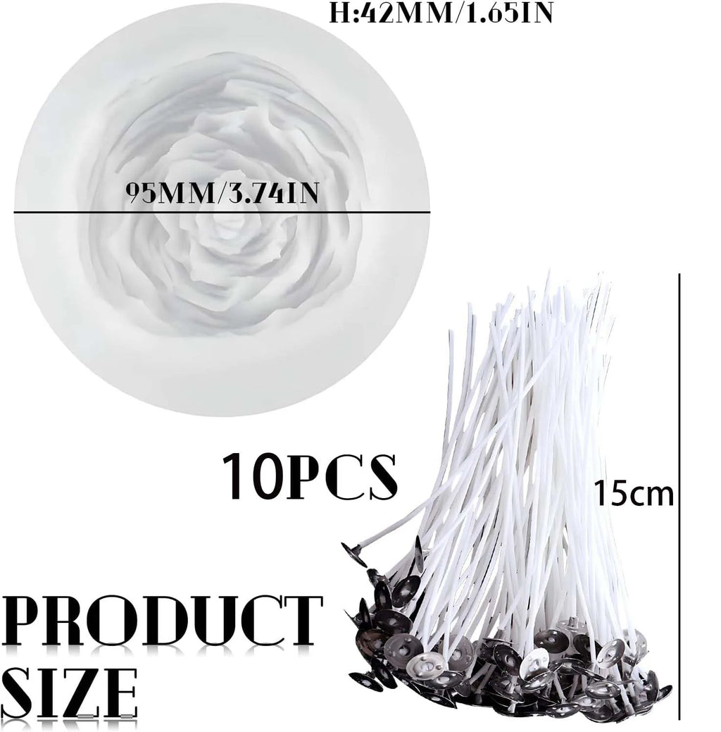 3D Peony Silicone Candle & Soap Mold Kit with 10 Wicks Candle Soap Mold Kit Zpaxo set