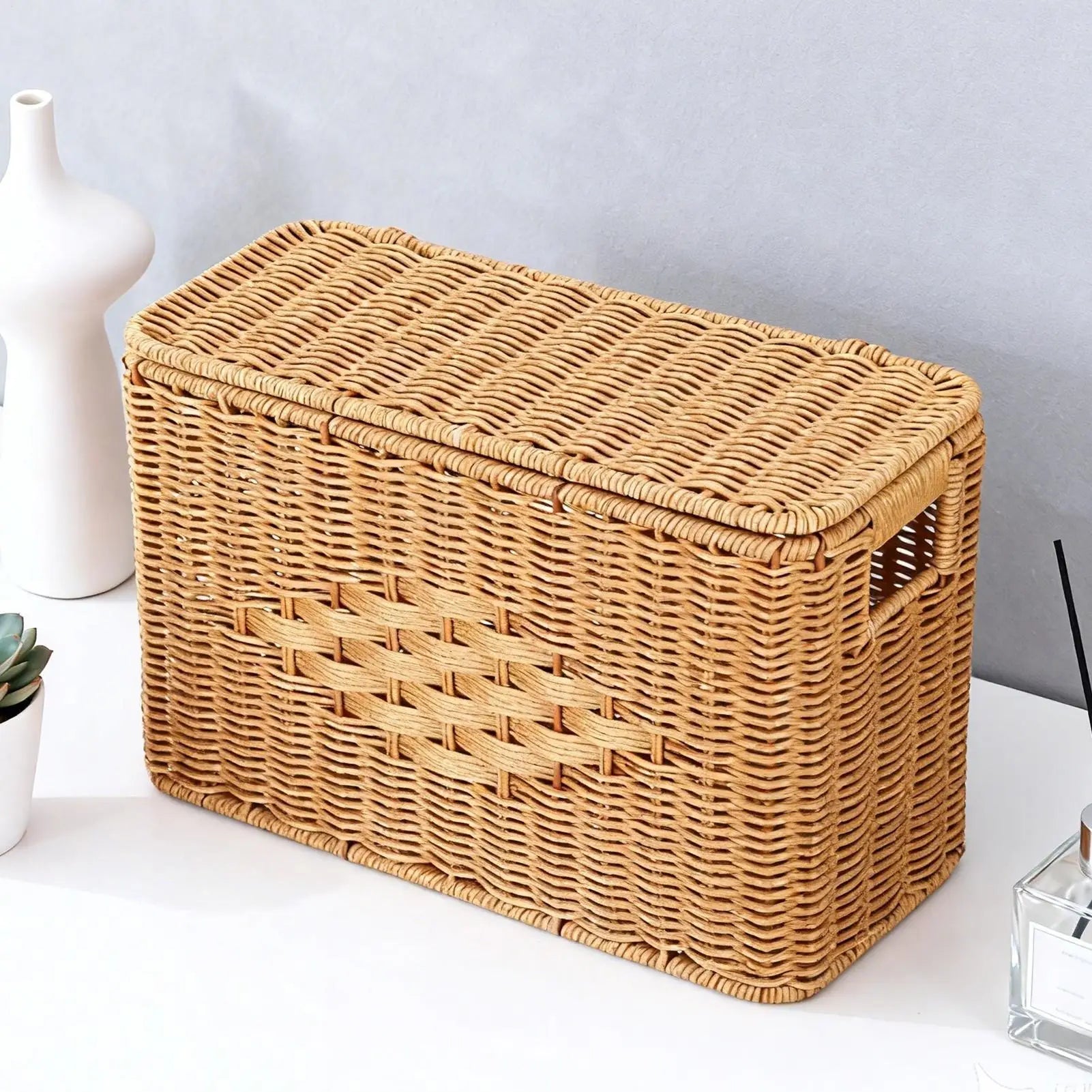 Slim Storage Basket with Lid Dustproof Tall Slim Woven Home Storage Bin Basket for Dorm Office Apartment Bedroom Living Room Zpaxo