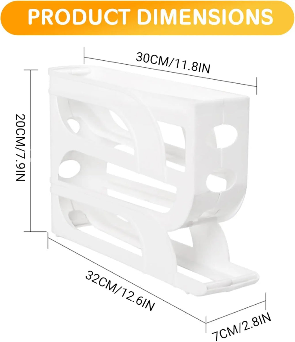 4-Tier Rolling Egg Holder – 18-Egg Auto-Feed Fridge Organizer