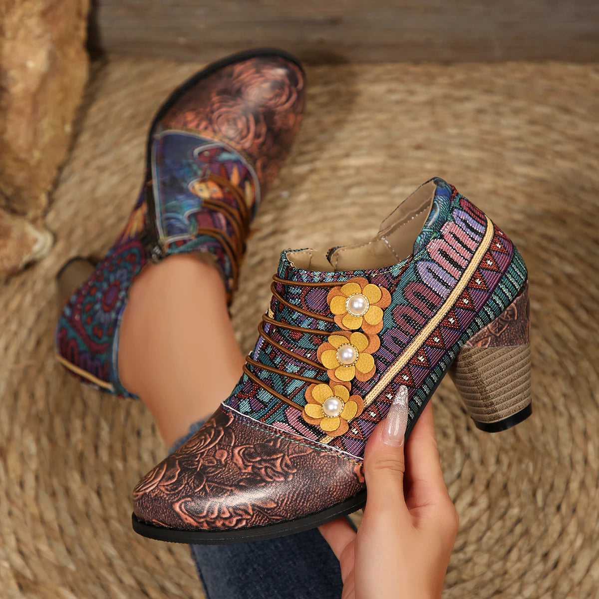 2025 New Women Ankle Boots Autumn/Winter Retro Boots Women Mixed Colors Flower Side Zipper Women Shoes Printed High Heels Shoes Zpaxo