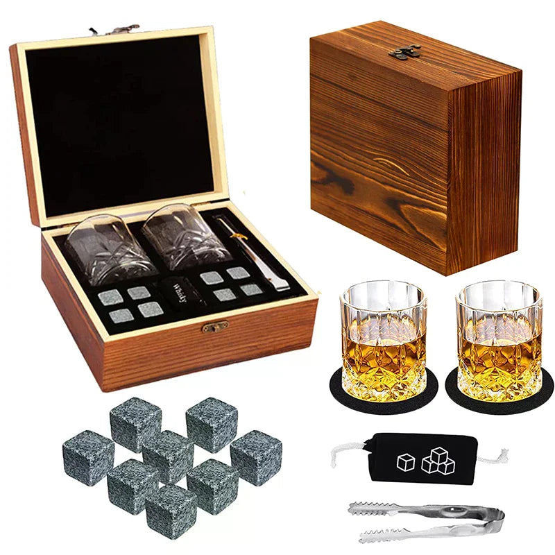 Father'S Day Gift For Men Whiskey Stones Set 8 Pcs Granite Ice Cubes+ 2 Pcs Cups For Whisky In Wooden Bottle Box Present For Dad Zpaxo
