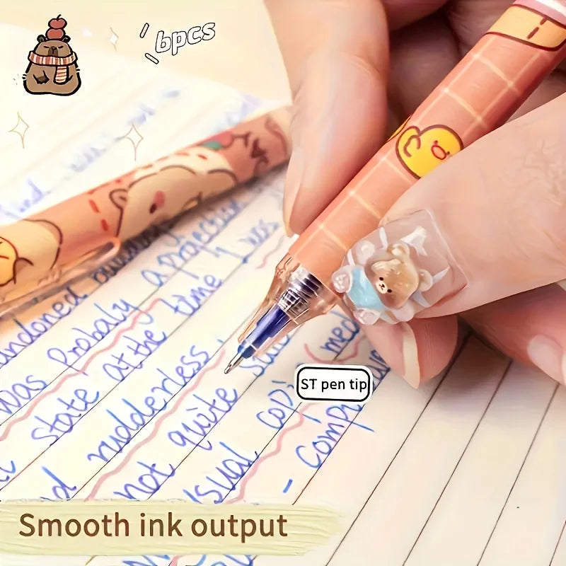 Cute Capybara Erasable Gel Pens 6 Colors Retractable Blue Ink Smooth