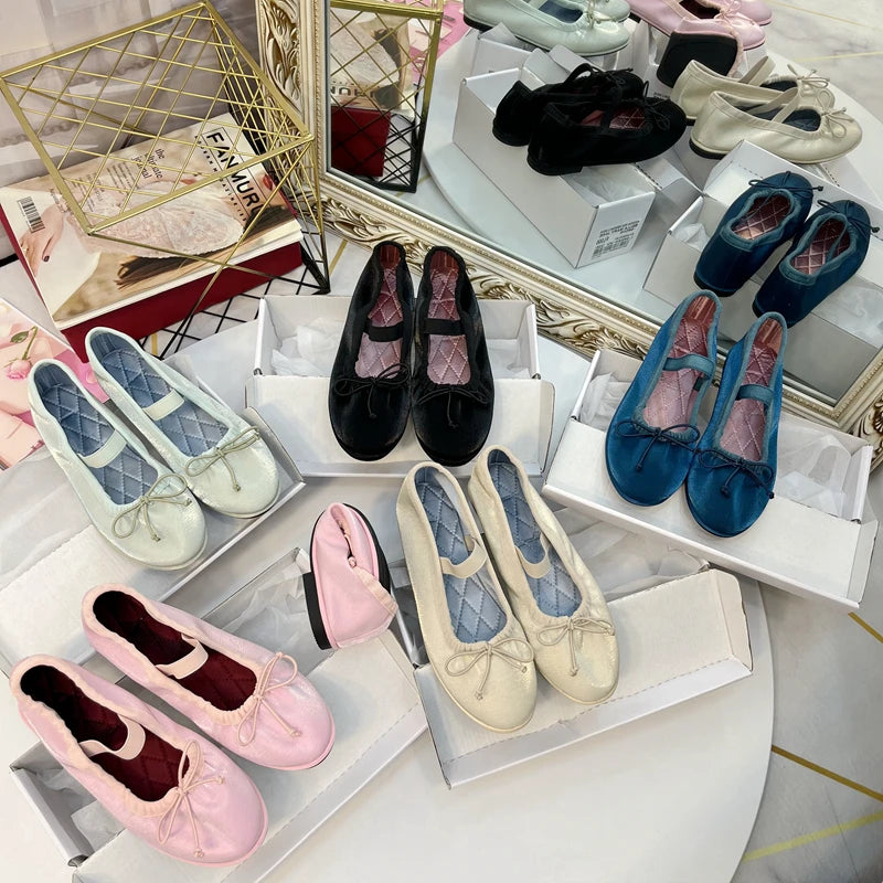 Flat Shoes for Women's Spring Summer Silk Bow Ballet Shoes Women's Round Toe Student Flat Bottom Mary Jane Shoes Lolita Shoes Zpaxo
