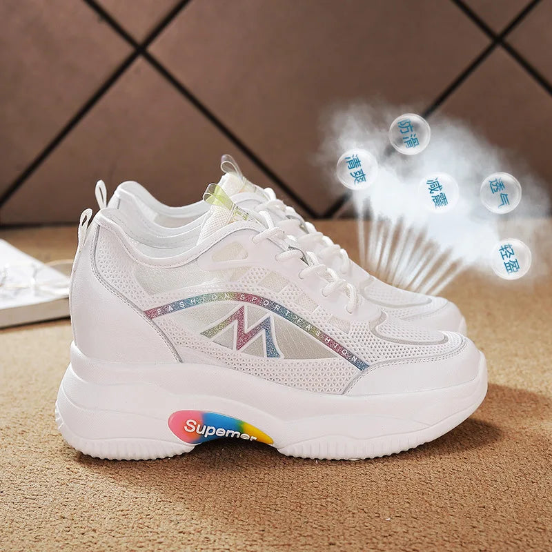 Mesh Platform Wedge Sneakers Women Colorful Glitter Lace Up Design Zpaxo