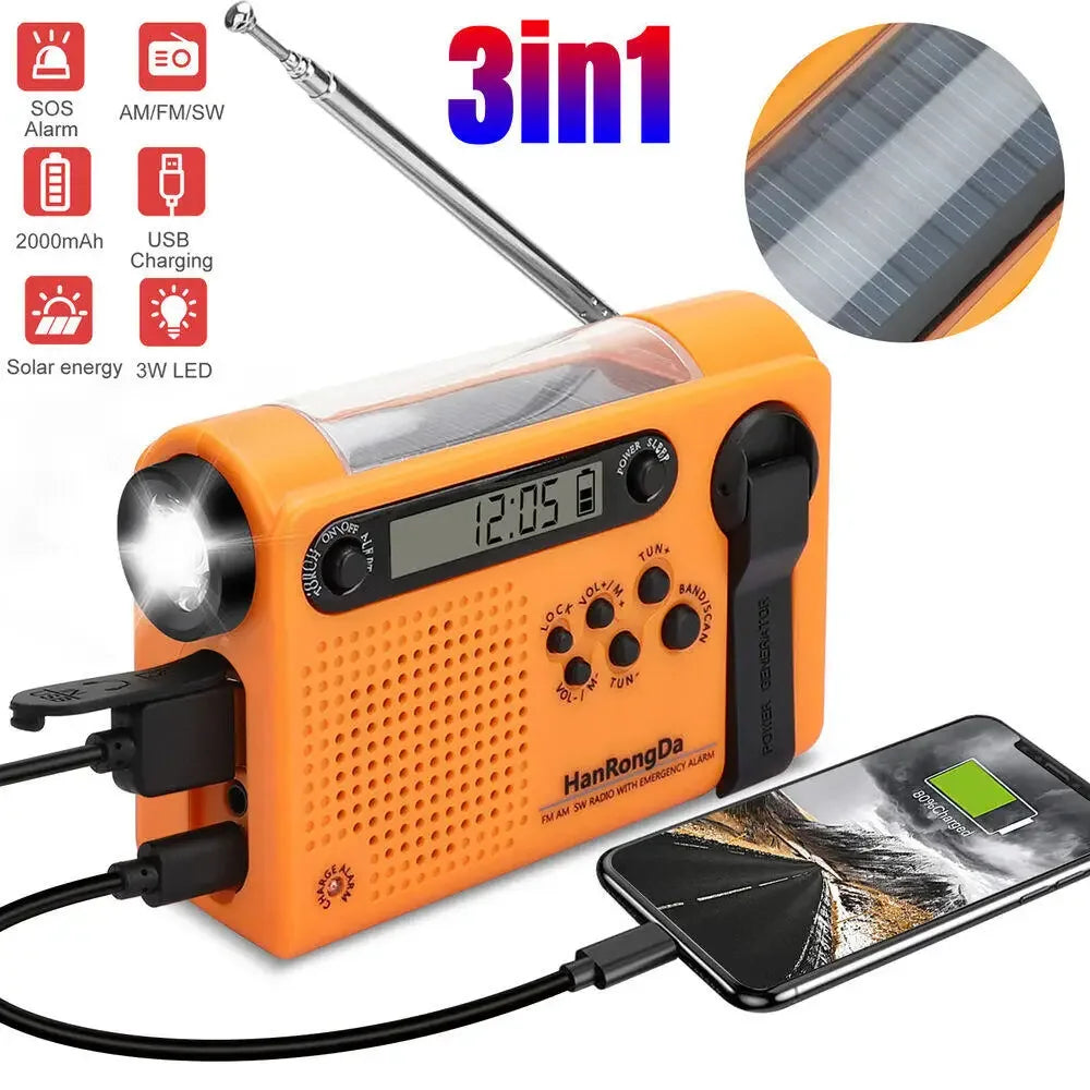 Portable AM FM SW Solar Hand Crank Radio Weather Emergency 1 2000mAh