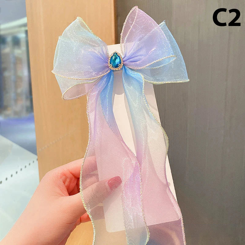 Girls Cute Elegant Mesh Bow Ribbon Hair Clip Faux Pearl Tassel Zpaxo C2