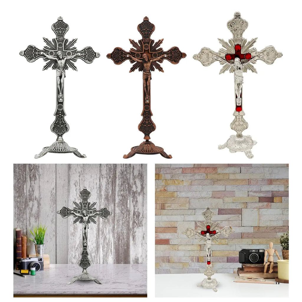 Standing Crucifix 10" Metal Jesus Cross with Tabletop Stand Religious Crucifix Decor Zpaxo