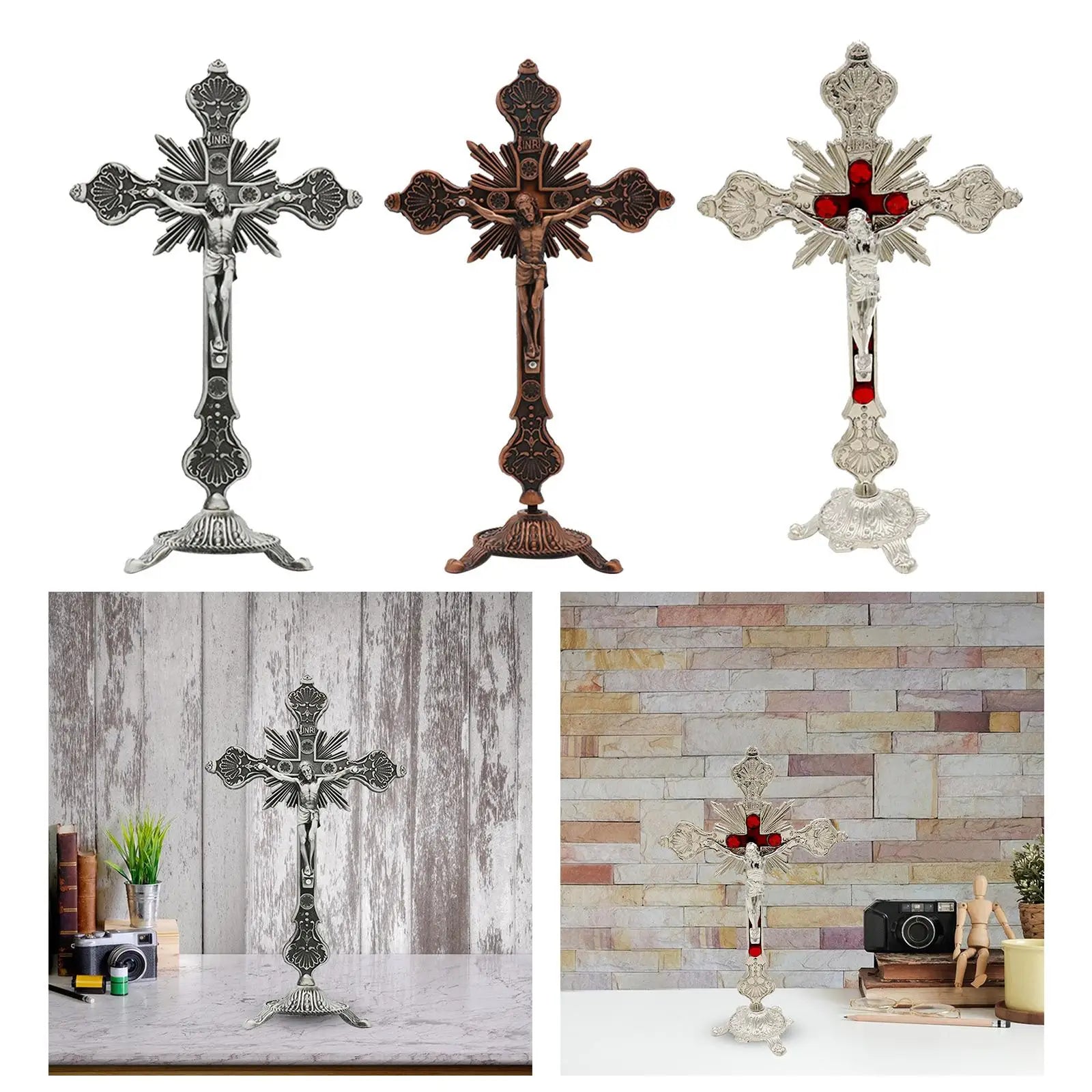 Standing Crucifix 10" Metal Jesus Cross with Tabletop Stand Religious Crucifix Decor Zpaxo