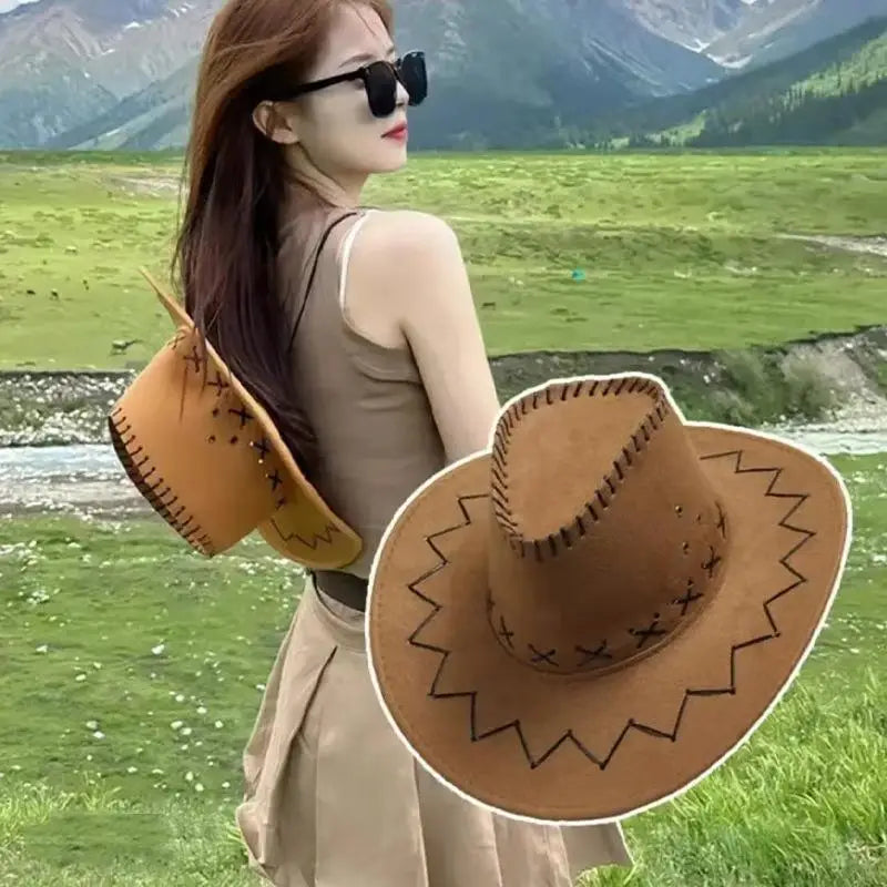 Women Men Cowboy Hat Western Suede Cowgirl Hats Fashion West Fancy Zpaxo