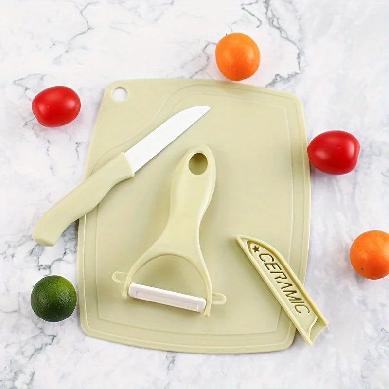 3PCS hree Piece Kitchen Multi-functional Melon And Fruit Knife Ceramic Fruit Knife Set T Peeler Vegetable Cutting Board Zpaxo