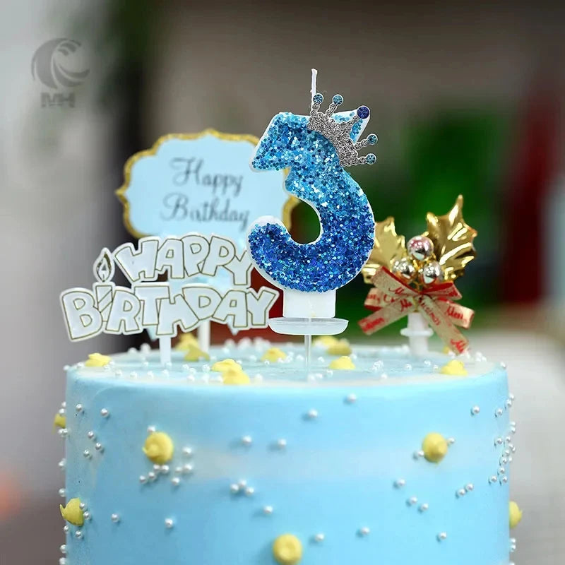 Crown Decor Digital Birthday Candles Blue Sequins Cake Decoration