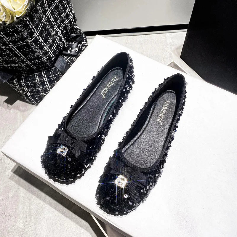 Flat Shoes for Women Spring Autumn 2025 Shallow Mouth Sparkling Sequin Bow Blingbling Plus Size 42 43 41 Kawaii Shoes Zpaxo