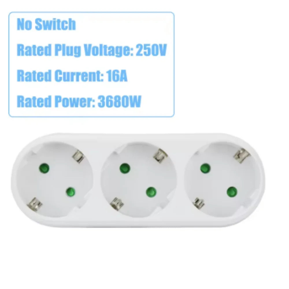 EU 3-Way Power Strip Adapter European Standard 16A 250V Multi Plug Outlet Wall Extender for Home Office Zpaxo WHITE