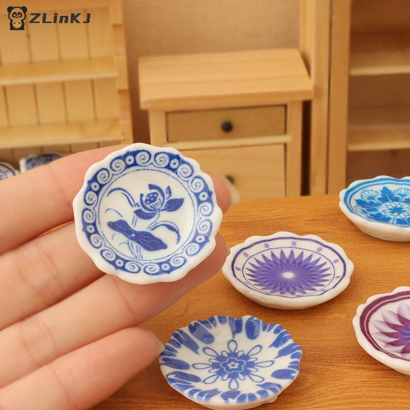 ▶5Pcs 1:12 Dollhouse Miniature Dining Plates Doll Home Simulation Kitchen Tableware Accessories Dolls House Scene Decor Toy Zpaxo