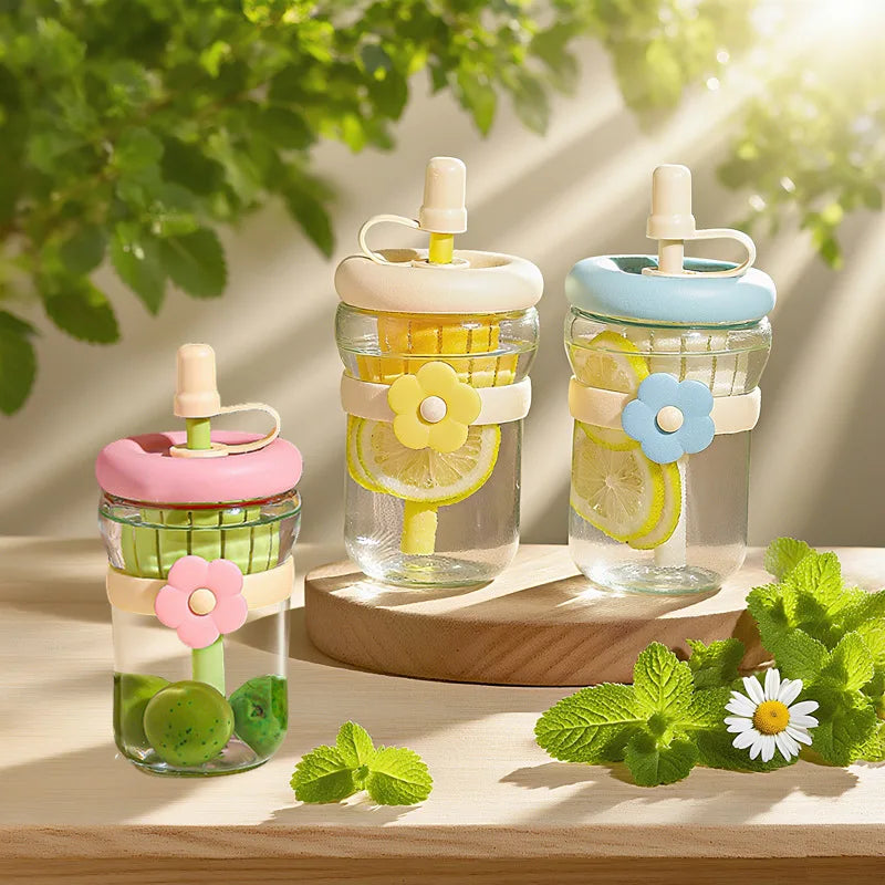 Glass Flower Cartoon Tea Strainer Cold Brew Straw Tumbler Leak-proof